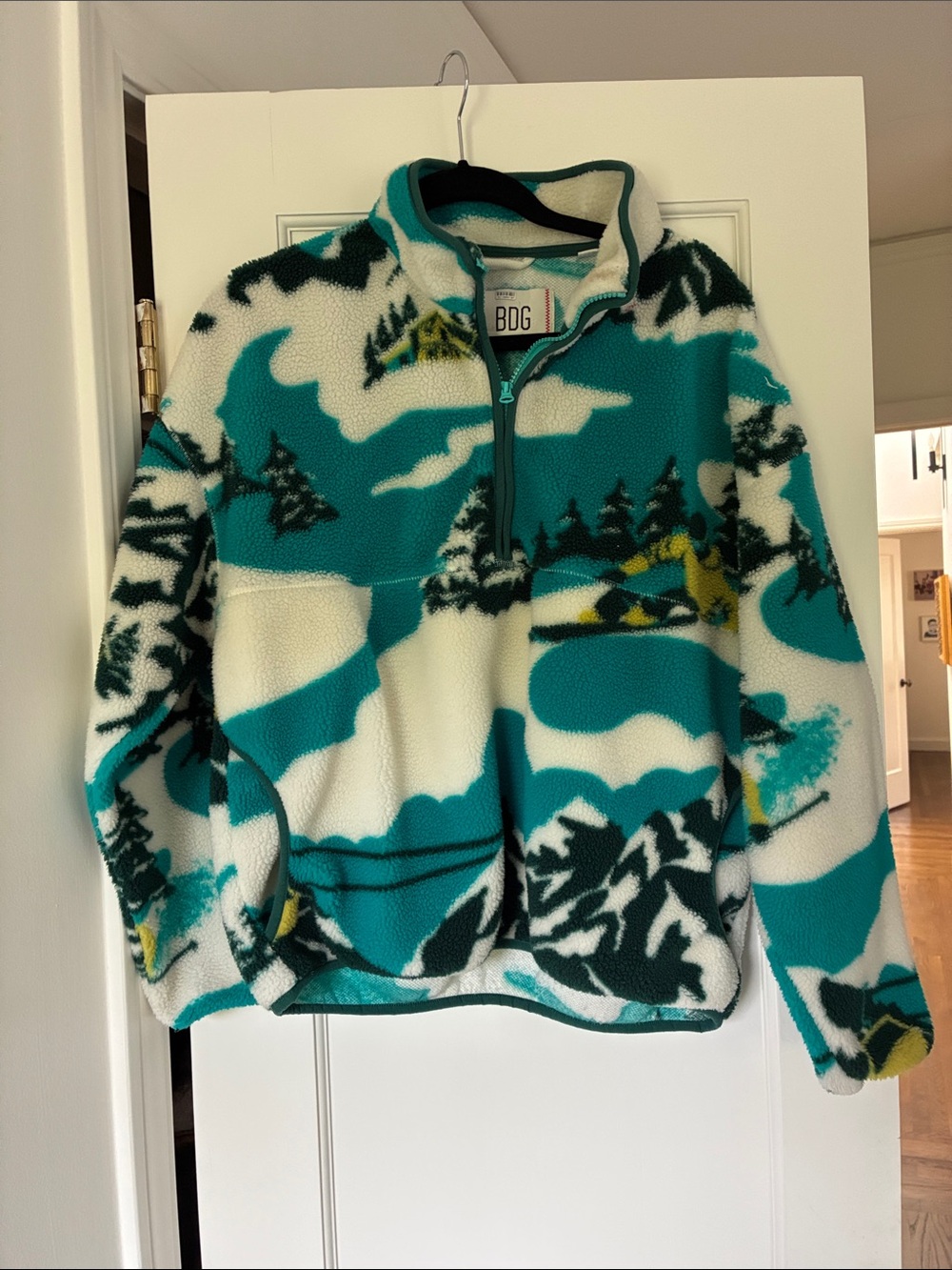 BDG Women’s Teal, White & Yellow Patterned Zip-Up Fleece Sweater S